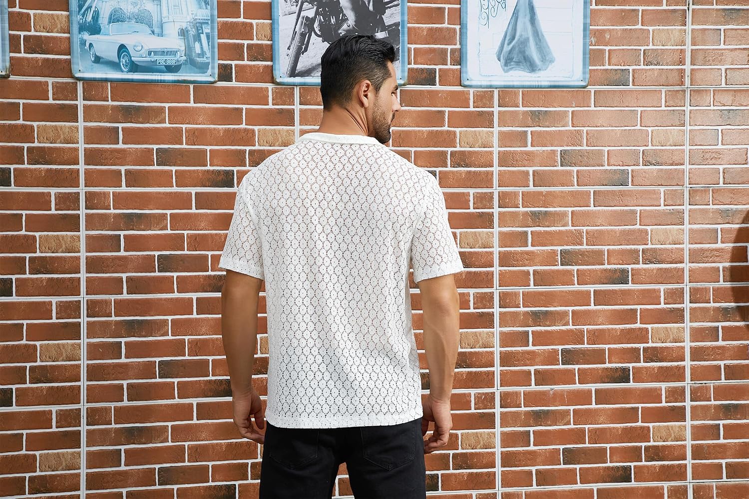 Condition photo showing New/Like New for abafip men's sheer floral shirt lace mesh short sleeve button down hollow out casual rave muscle tops x-large white
