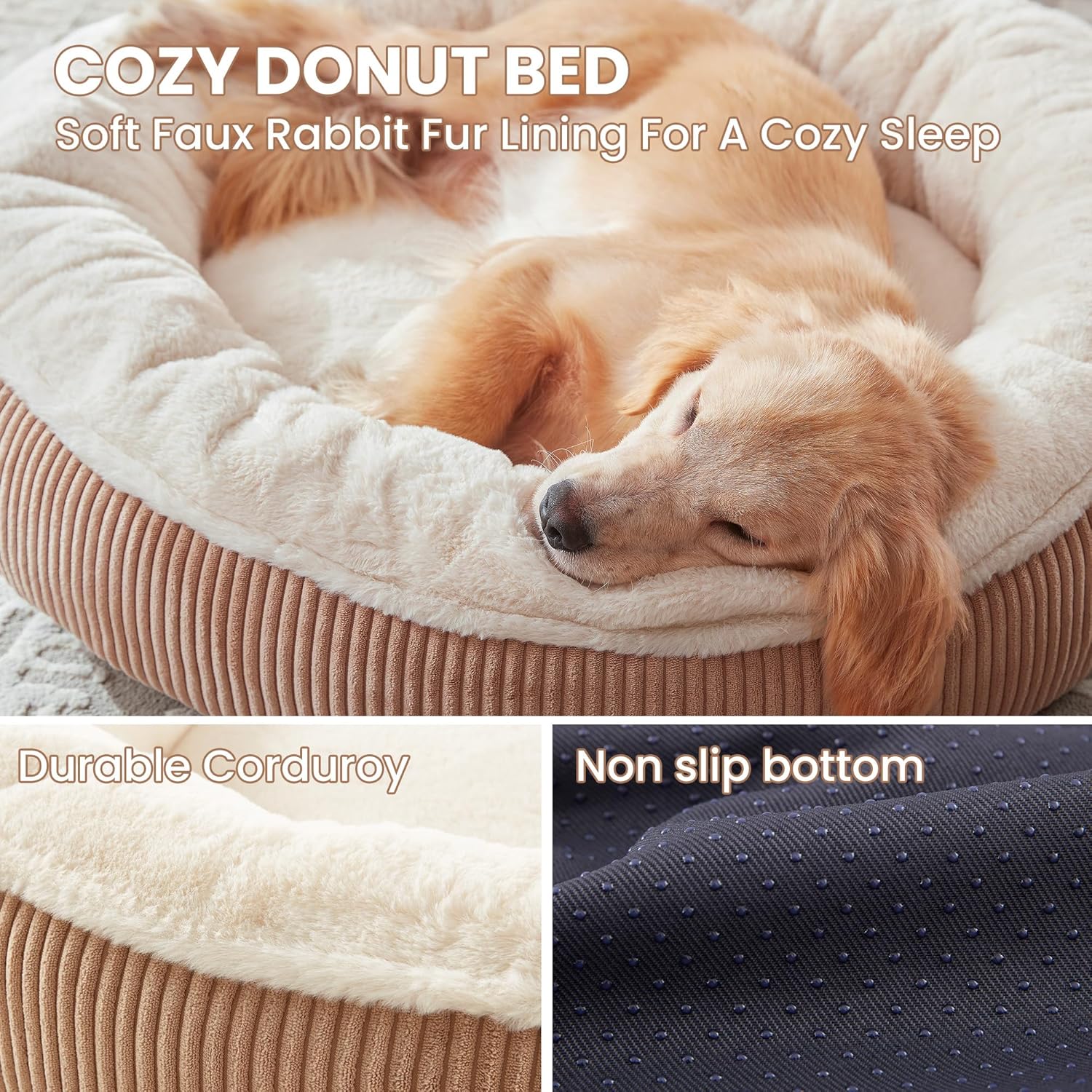 36 inches donut dog bed for large dogs - calming round pet bed with removable&washable cover, plush faux fur & corduroy, fits pets up to 80 lbs(brown,large) 36.0"l x 36.0"w x 8.0"th brown - corduroy