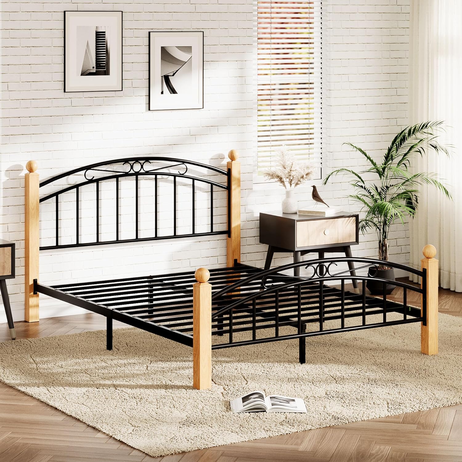 IDEALHOUSE Full Bed Frame with Headboard, Metal Full Size Platform Bed Frame, Wooden Slat Support, No Box Spring Needed, Noise Free Sleep,Easy Assembly