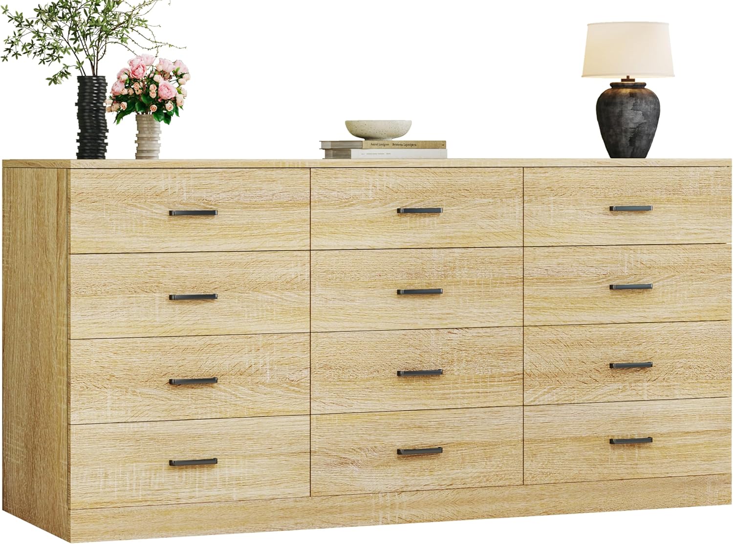 60 Inch 12 Drawer Dresser for Bedroom, Long Mid Century Modern Dressers, Wood Vintage Chests of Drawers TV Stand up to 65", Large Storage Organizer for Bedroom, Closet, Entryway, Natural