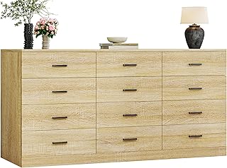 60 Inch 12 Drawer Dresser for Bedroom, Long Mid Century Modern Dressers, Wood Vintage Chests of Drawers TV Stand up to 65", Large Storage Organizer for Bedroom, Closet, Entryway, Natural