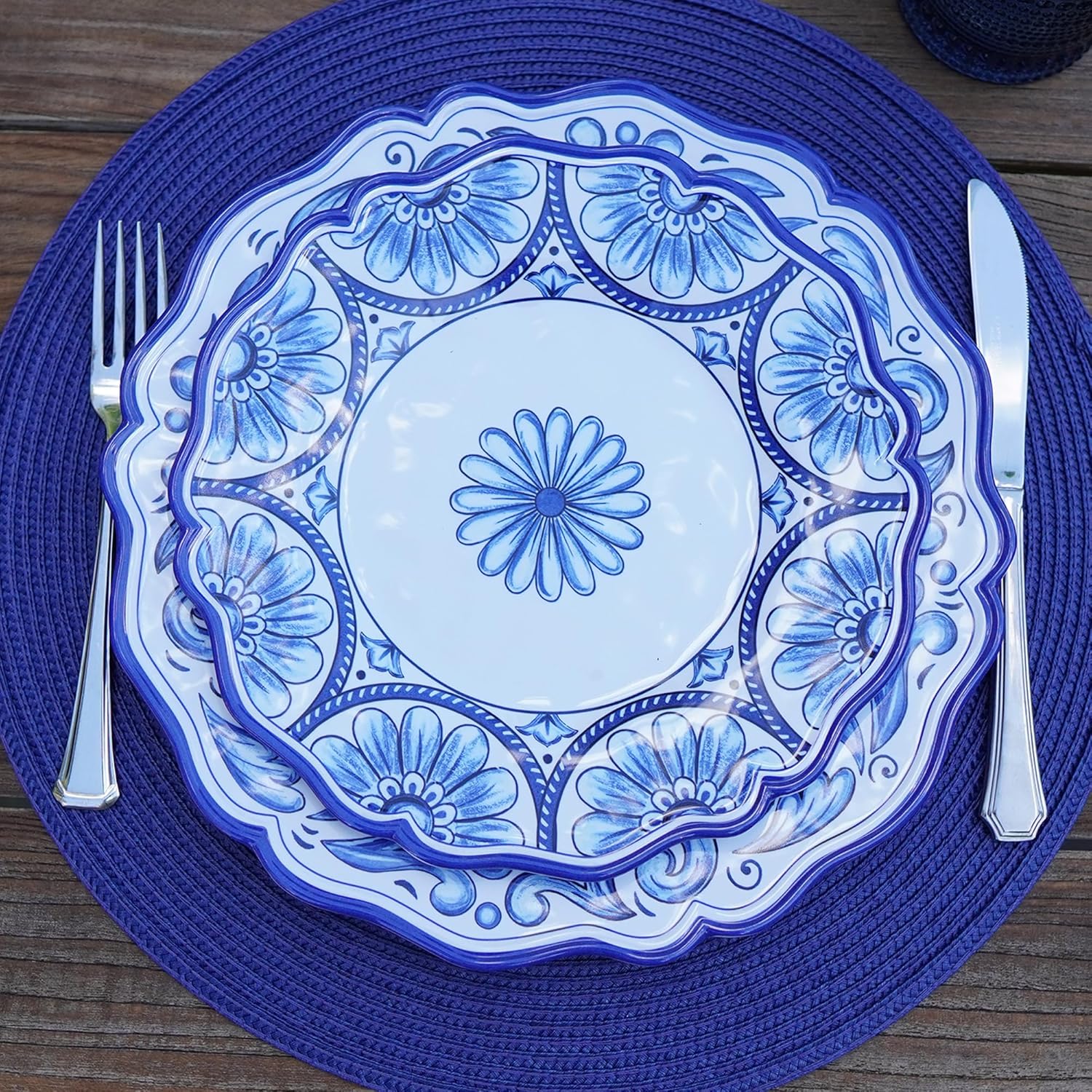 Veranda 9-Inch Melamine Salad and Dessert Plates, Set of 4 – Blue and White Floral Scroll Design – Shatterproof, Lightweight, Dishwasher Safe Plates for Everyday or Outdoor Entertaining
