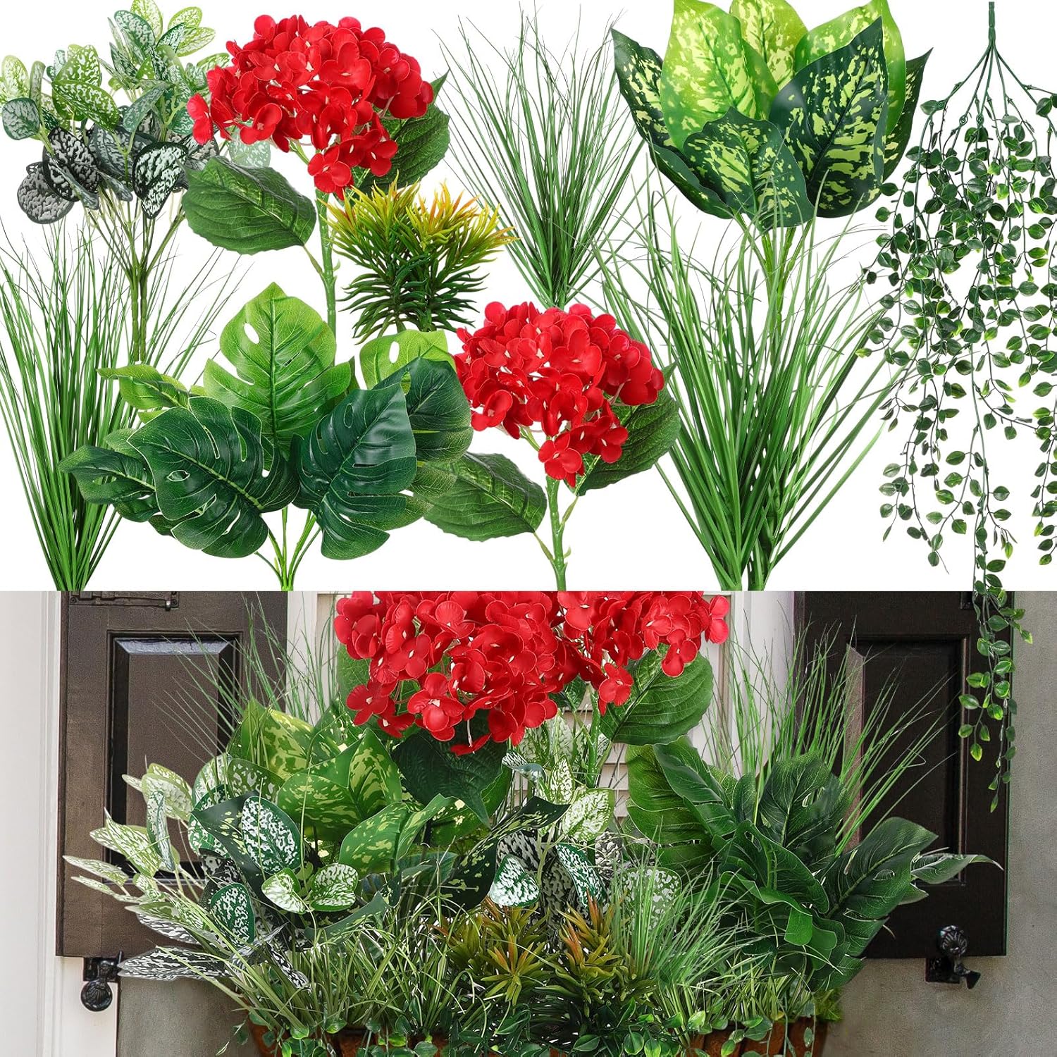 Giegxin 18 Pcs Artificial Plants Outdoor UV Resistant Artificial Fake Bushes for Window Box Greenery Shrub Succulent Hydrangea Flower for Indoor Outdoor Garden Front Patio Yard Porch Decor(Red)