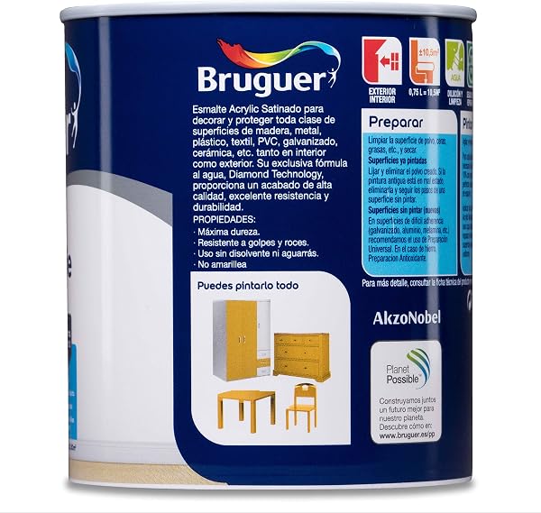 Bruguer Acrylic Multisuperficie Esmalte al agua Satinado - Pintura 750 mL, Blanco Permanente - 2