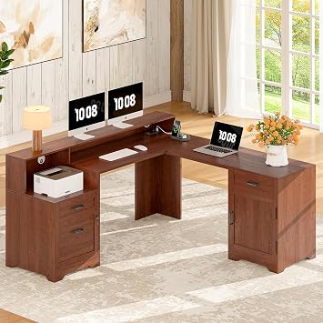 Whalefall 63 Farmhouse L Shaped Desk with Drawers, Corner Computer Desk with Monitor Stand Shelves, Executive Home Office Desk with File Cabinet Storage and Charging Station, Cherry Brown