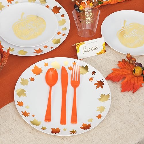 Miniatura 2 de Juego de vajilla de Acción de Gracias de 175 piezas con platos, vasos, cubiertos naranjas, tarjetas de lugar para 25 invitados