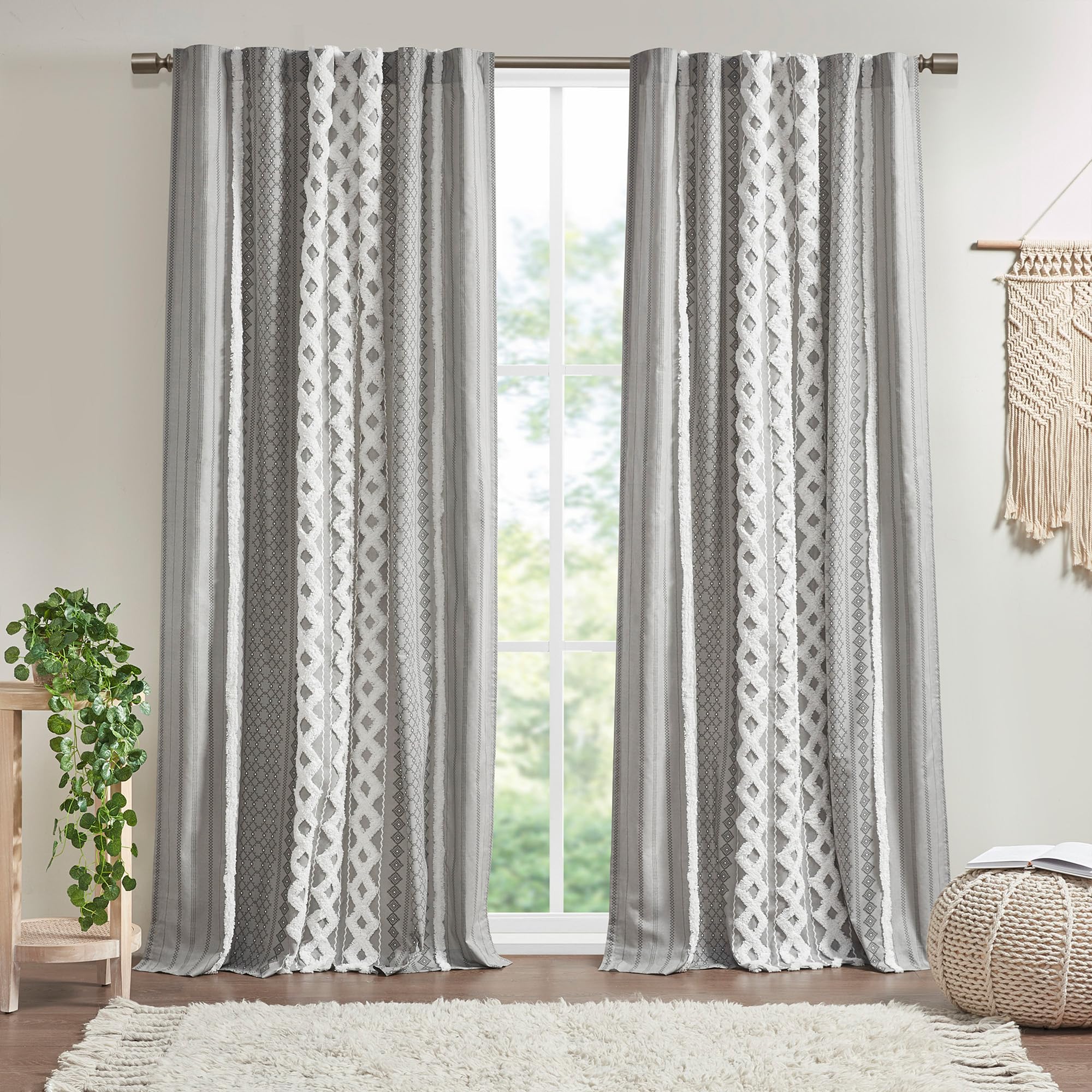 INK+IVY Imani 100% Cotton Single Panel Curtain Tufted Chenille Stripe Geometric Print Mid-Century Look Rod Pocket Top Drape for Living Room, Privacy