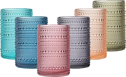 Juego de 6 vasos de agua vintage de colores de 15 onzas, vasos altos con cuentas de cocina y bar, vasos de vidrio para agua, cerveza, jugo, regalos