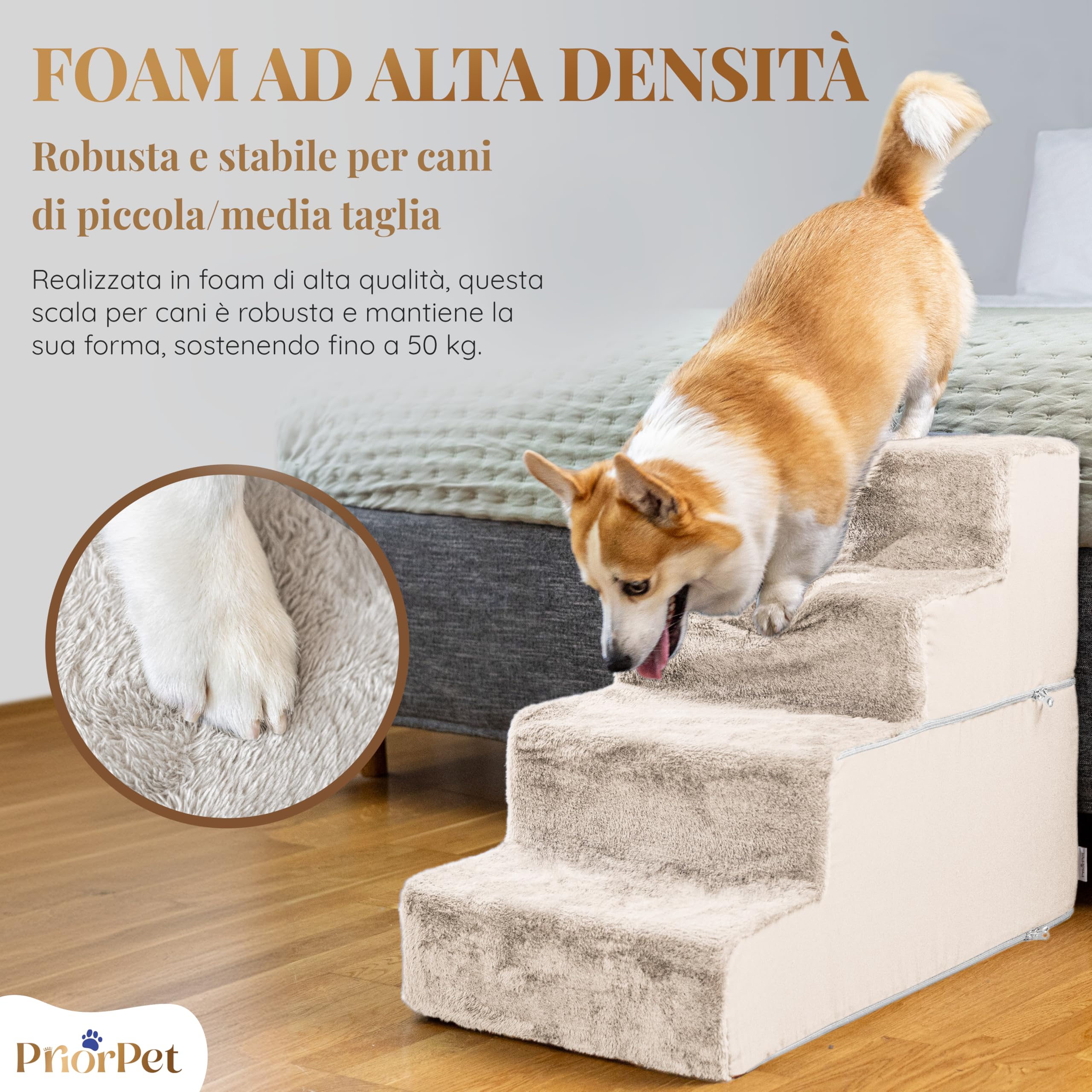 Gradini per Cuccia - Rampa per Cani a 4 Gradini - Scaletta per Cani in Schiuma ad Alta Densità da 58 cm per Cani di Piccola Taglia - Gradini per Animali Domestici Sicuri e Stabili - Bianco Crema