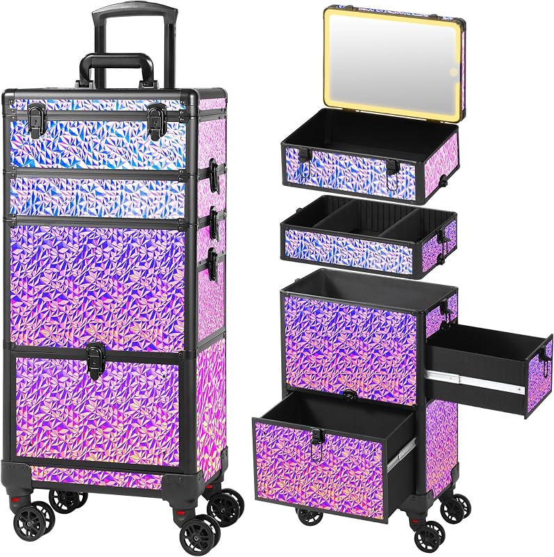 Maleta de maquiagem com rodinhas GALHUBIS e espelho iluminado, gavetas amplas, roxo multicolorido
