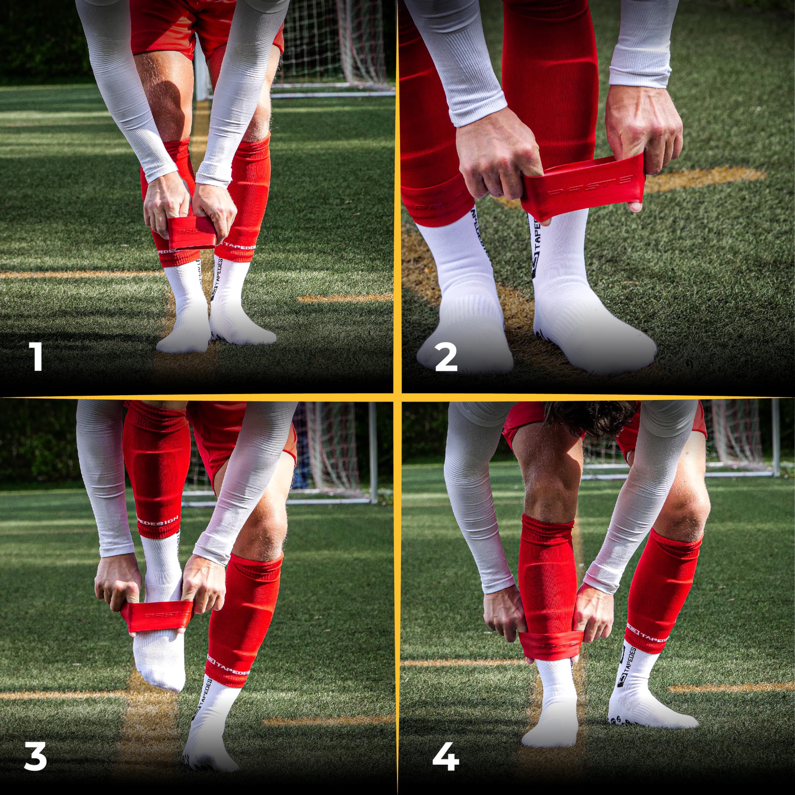 PASTE - Set di 4 calzini da calcio TAPEDESIGN (Classic), parastinchi, parastinchi (rosso) – calzini da calcio con supporto parastinchi e calzettoni da calcio