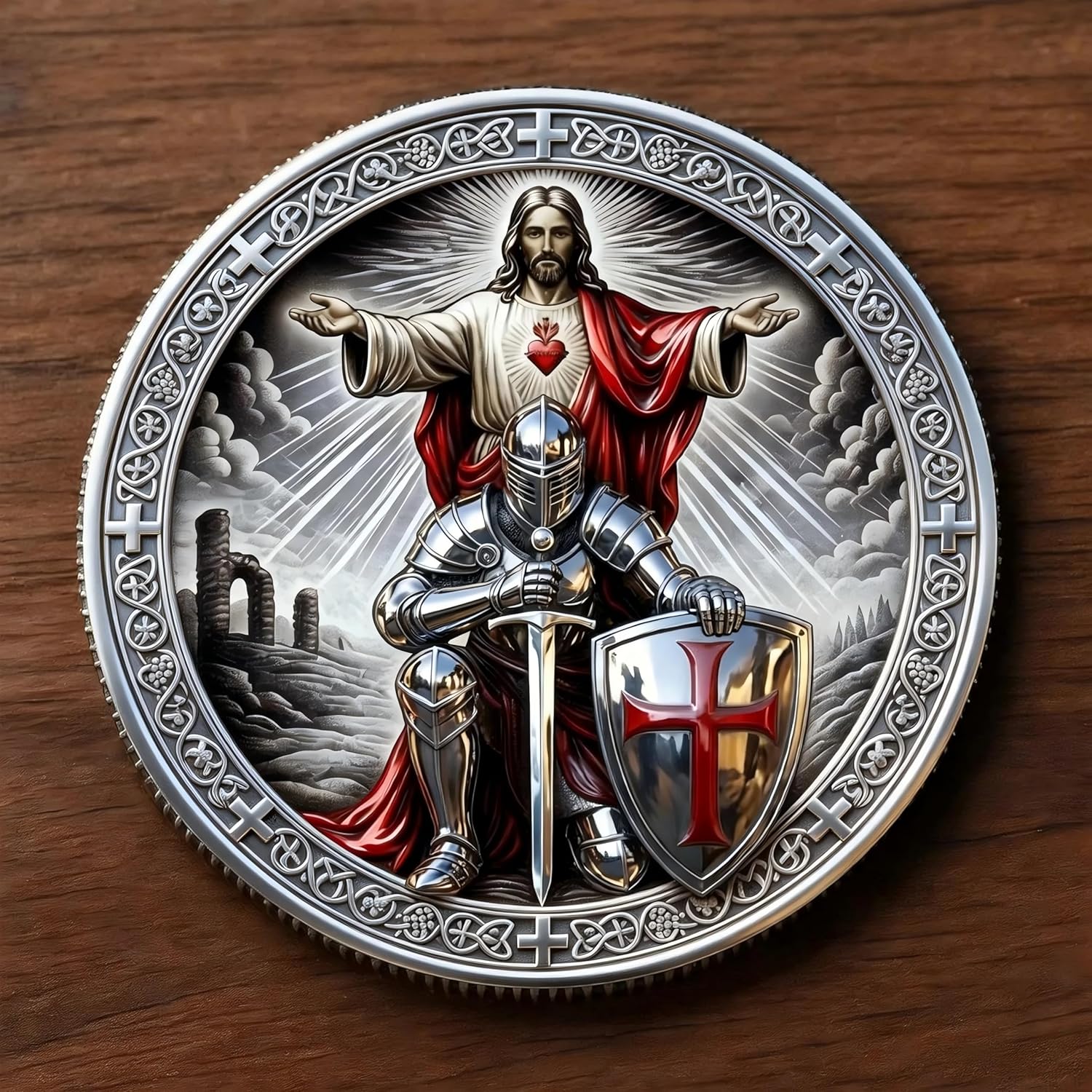 Sacred Guardian Commemorative Coin – Double-Sided Knight Templar Christian Challenge Coin with Red Cross Shield, Sword & Armor of God Design – Inspirational Religious Gift for Men & Women