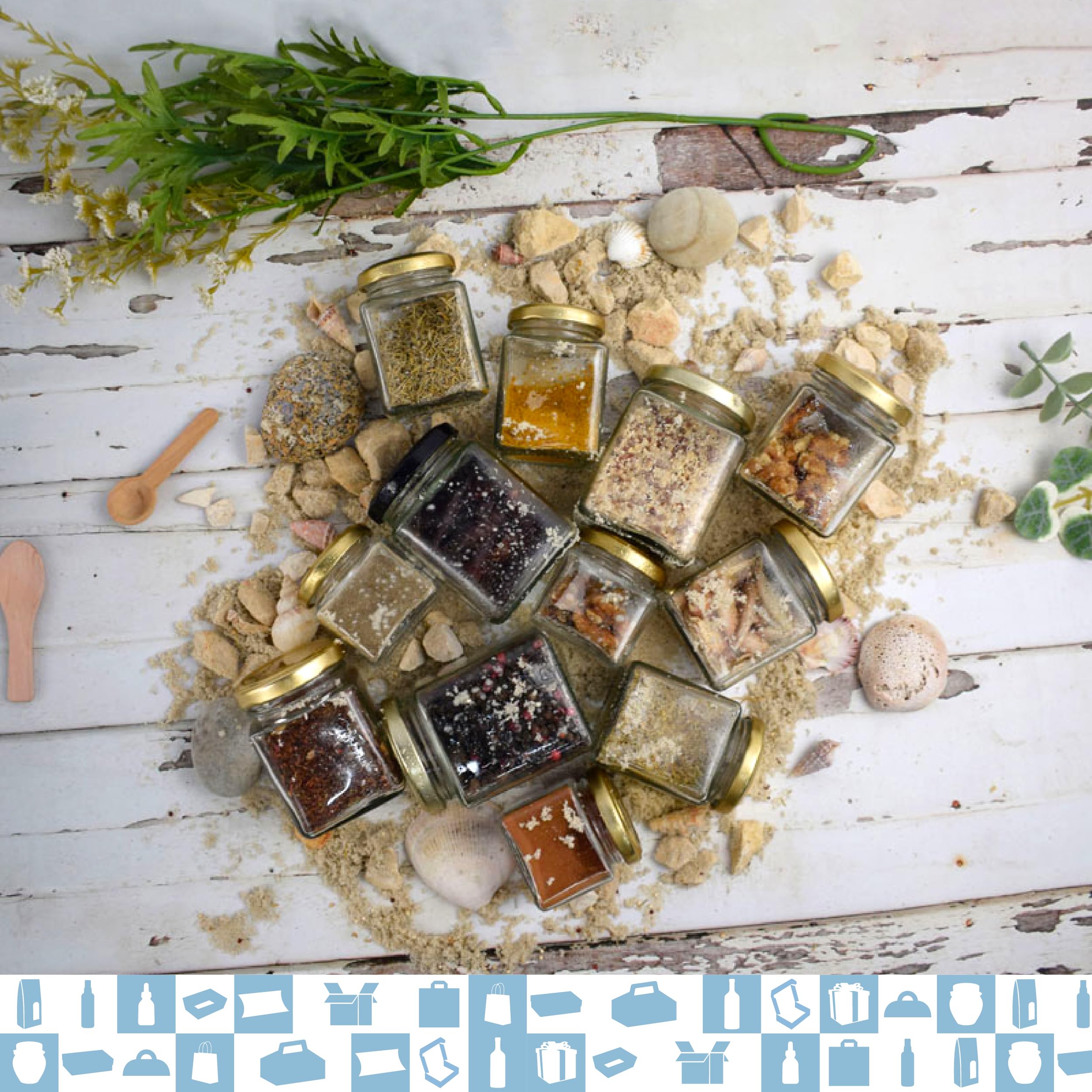 20 x Quadratisches Glas 150 ml mit Deckel + 20 Dosen + 20 Löffel aus Holz + 20 Etiketten aus Kraftpapier + 20 selbstklebende Etiketten + Stoff und Juteschnur – Gewürze, Marmelade, Joghurt, 20 Stück