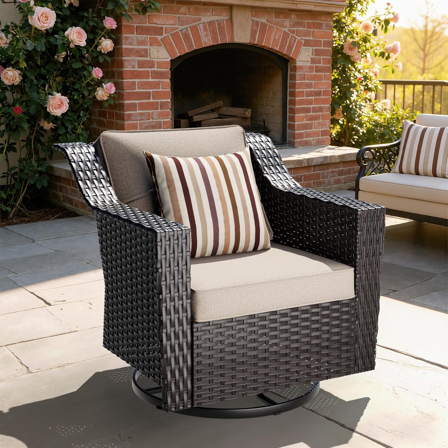 Outdoor Furniture Swivel Chair, Patio Glider Wicker Rocker Seating with Cushions for Porch Deck Balcony (Beige)