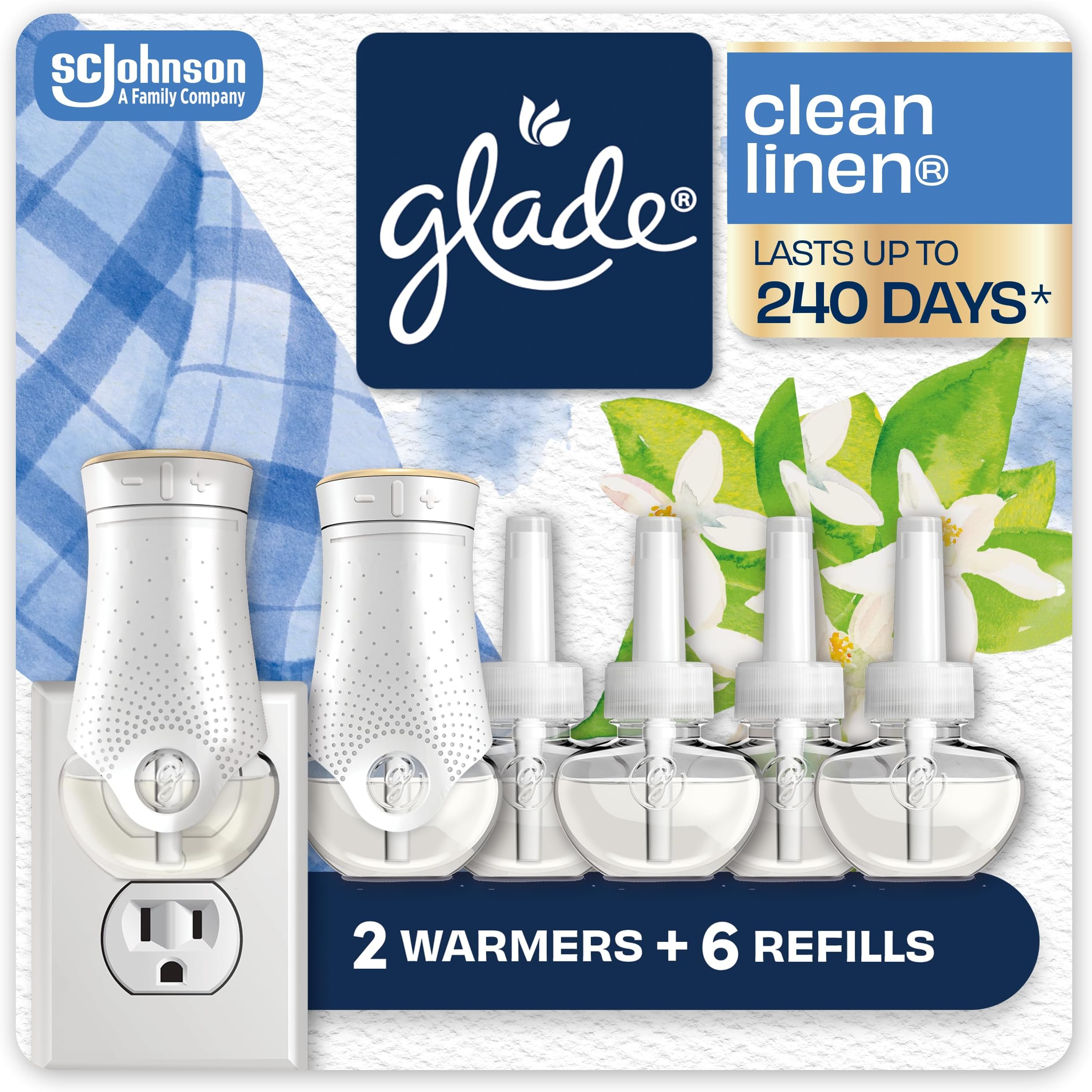 PlugIns Air Freshener Starter Kit, Scented and Essential Oils for Home and Bathroom, Clean Linen, 4.02 Fl Oz, 2 Warmers and 6 Refills