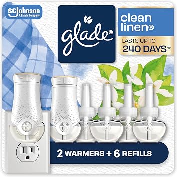 Glade PlugIns Air Freshener Starter Kit, Scented and Essential Oils for Home and Bathroom, Clean Linen, 4.02 Fl Oz, 2 Warmers and 6 Refills
