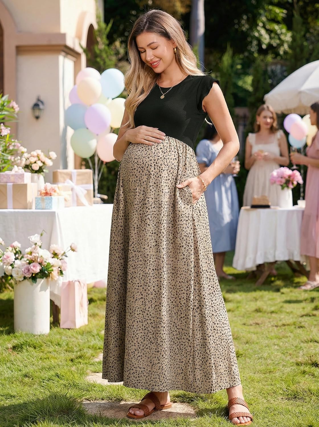 OUGES Women's Maternity Dress Summer Ruffle Sleeve Patchwork Casual Flowy Maxi Dresses with Pockets