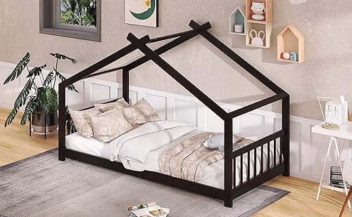 Miniatura 107 de Base de cama de casa de tamaño individual con techo y valla, marco de cama de madera para niños pequeños, adolescentes, niñas, niños, se puede
