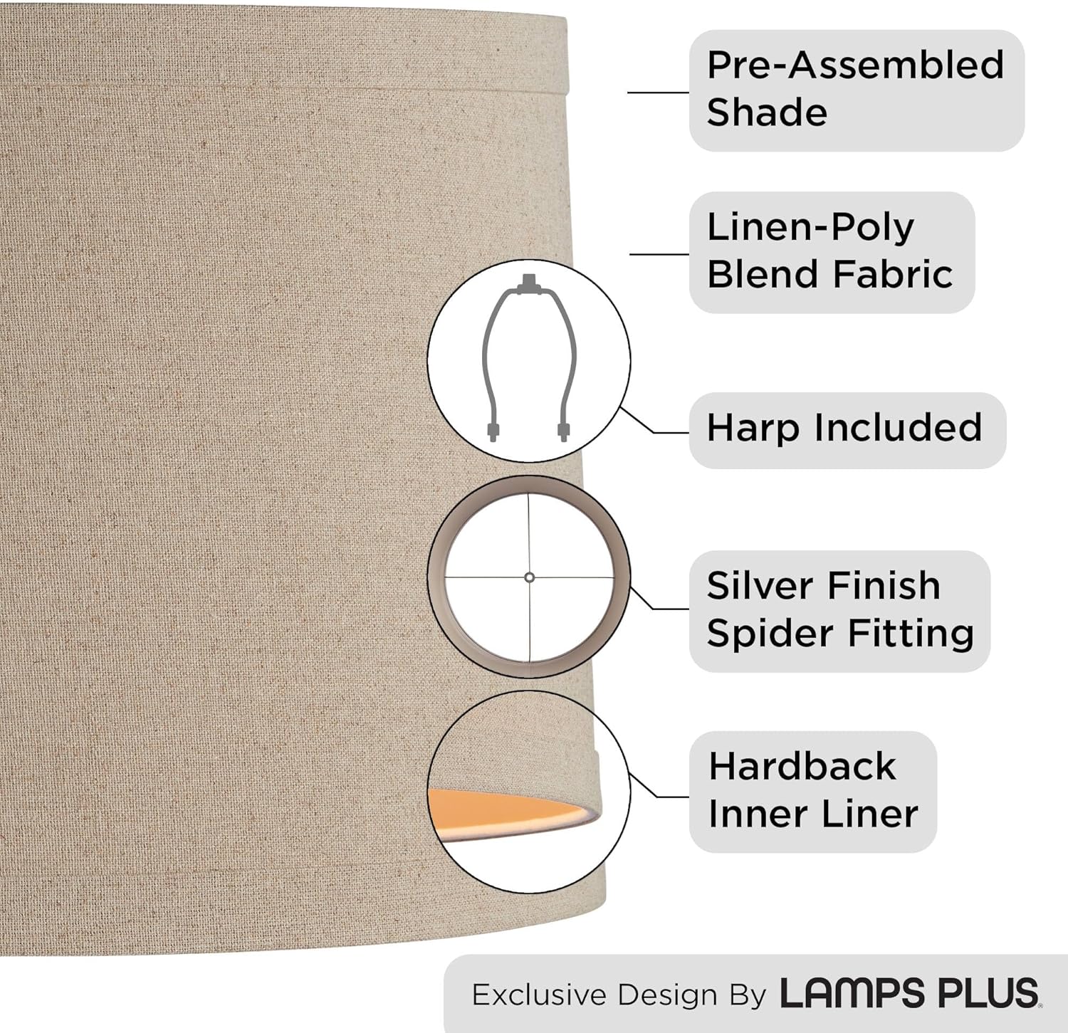 Set of 2 Taupe Natural Linen Large Drum Lamp Shades 15" Top x 16" Bottom x 11" High (Spider) Replacement with Harp - Springcrest