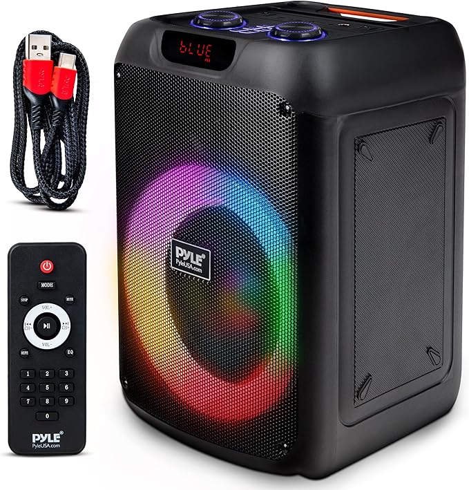 Pyle Enceinte Bluetooth Portable 40 cm – Haut-Parleur Puissant avec LED RGB Woofer Grand Format TWS Batterie Rechargeable Télécommande Câble Type-C Intérieur Extérieur