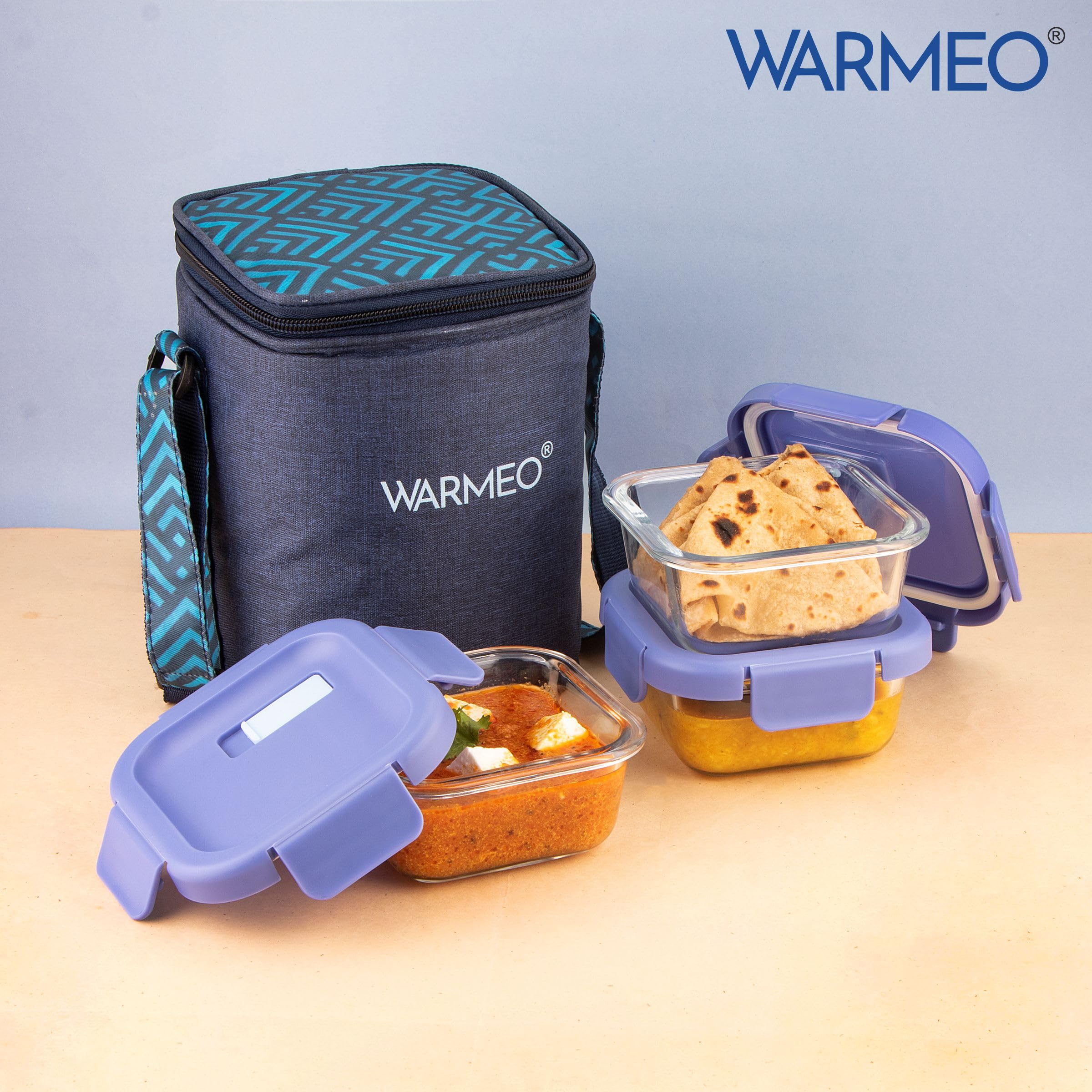 WARMEO BOROFRESH 3 pc Square Borosilicate Glass Container (325 ml Each) | Leakproof, Microwave & Dishwasher Safe Lunch Box with Bag for Office, College & School 3