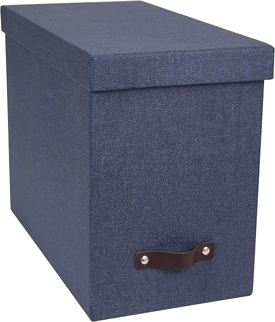 Bigso Box of Sweden File Organiser Storage with Stylish Leather Handle - Scandinavian Look Organiser Box Including 8 Hanging Files - Container for Folders Made of Fibreboard and Paper - Blue