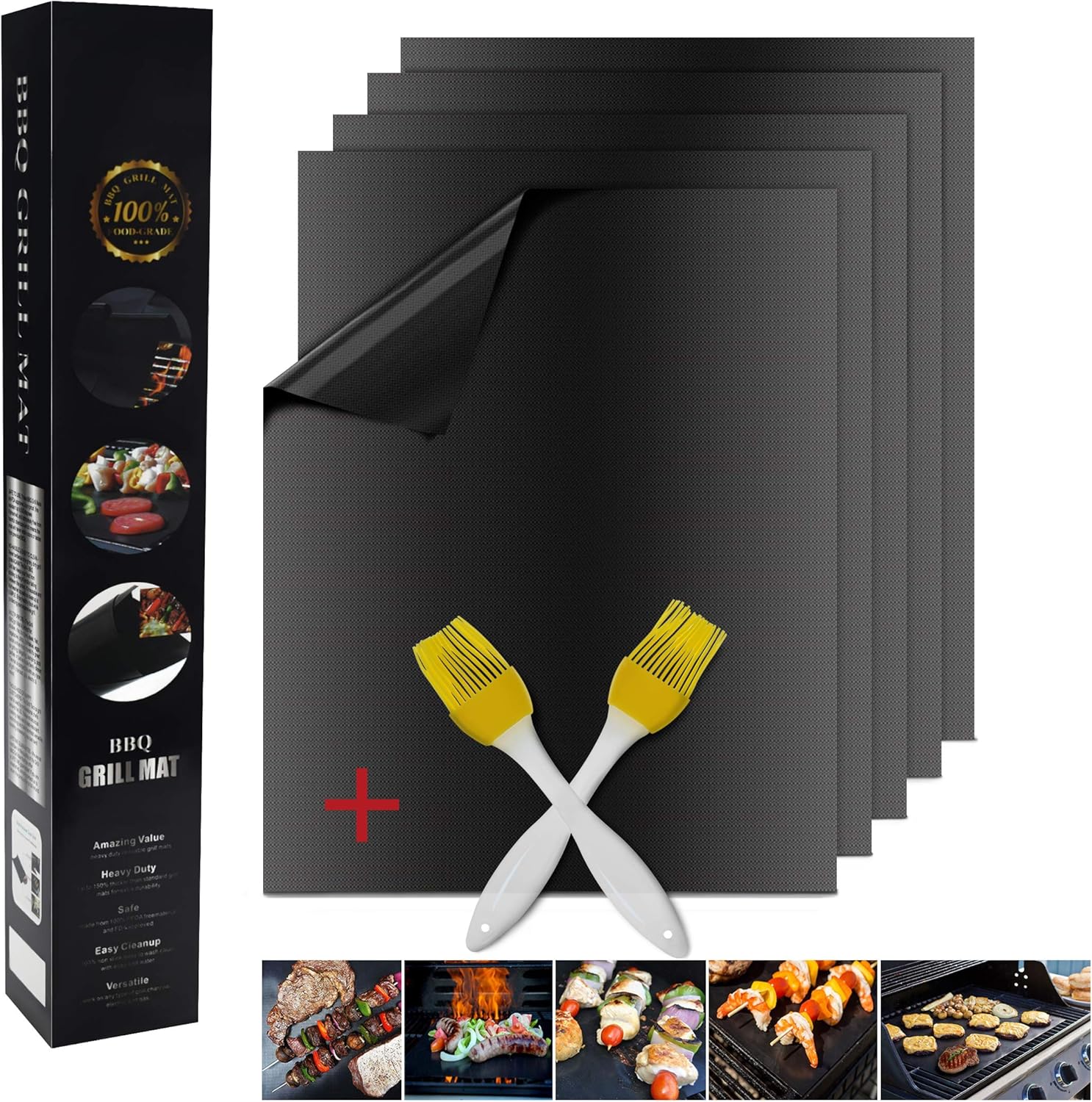 AI Orange BBQ Grill Mat set of 5+2 Grill Brush Heavy Duty 600 Degree 100% Non-Stick BBQ Grill and Baking Mats, FAD Approved PDFA Free Easy to Wash, Works on Gas, Charcoal, Electric Grill and More