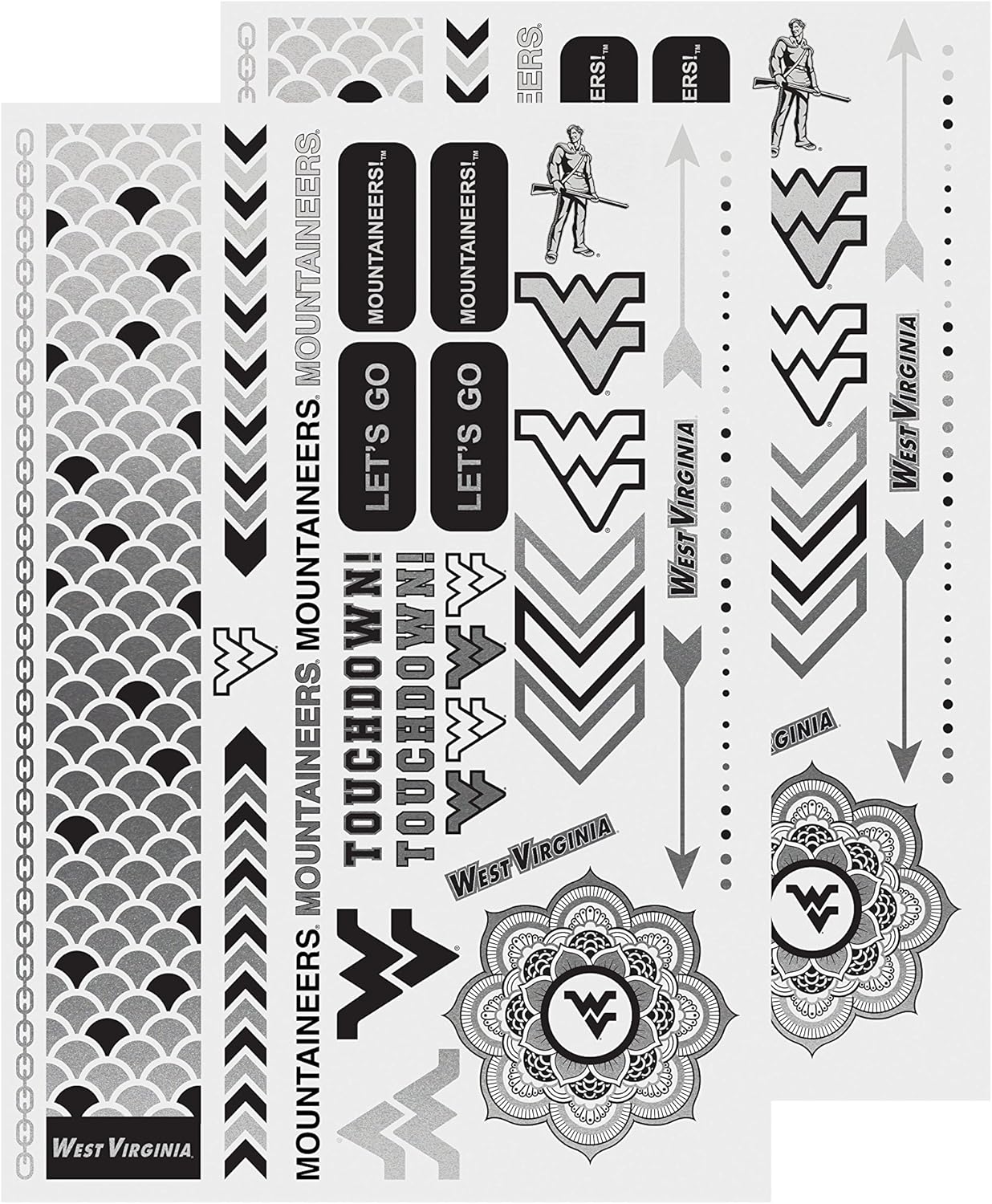 Littlearth NCAA West Virginia Mountaineers Metallic Body Jewelry, 2 Full Sheets, White