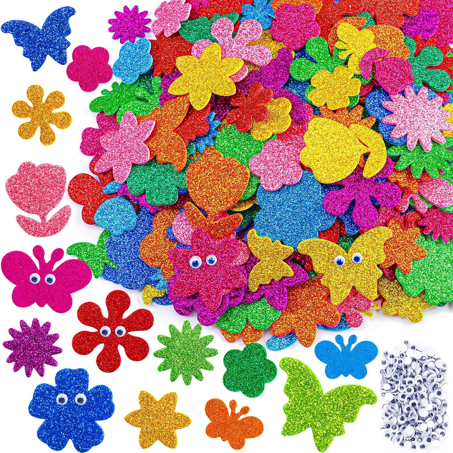 Natonhi 330pcs Flower Stickers,10 Colors Glitter Foam Flower Butterfly Stickers with 200 Self-Adhesive Eyes, Kid Preschool Activity DIY Arts Craft Supplies for Greeting Cards Decoration