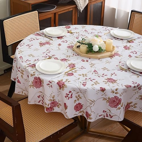 Miniatura 4 de Mantel redondo de vinilo con reverso de franela, impermeable, a prueba de aceite, de PVC, resistente a las manchas, lavable, para mesa redonda (48