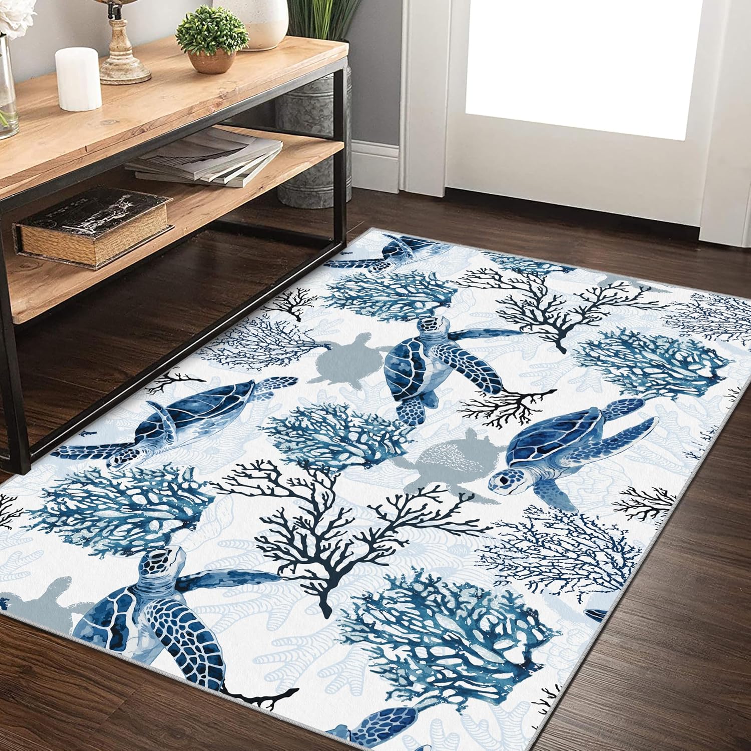 coastal nautical rug for bedroom living room, soft low velvet carpet, washable beach rug ocean rugs beach area rug modern blue sea turtle, 5x7 sea turtle 5x7 feet