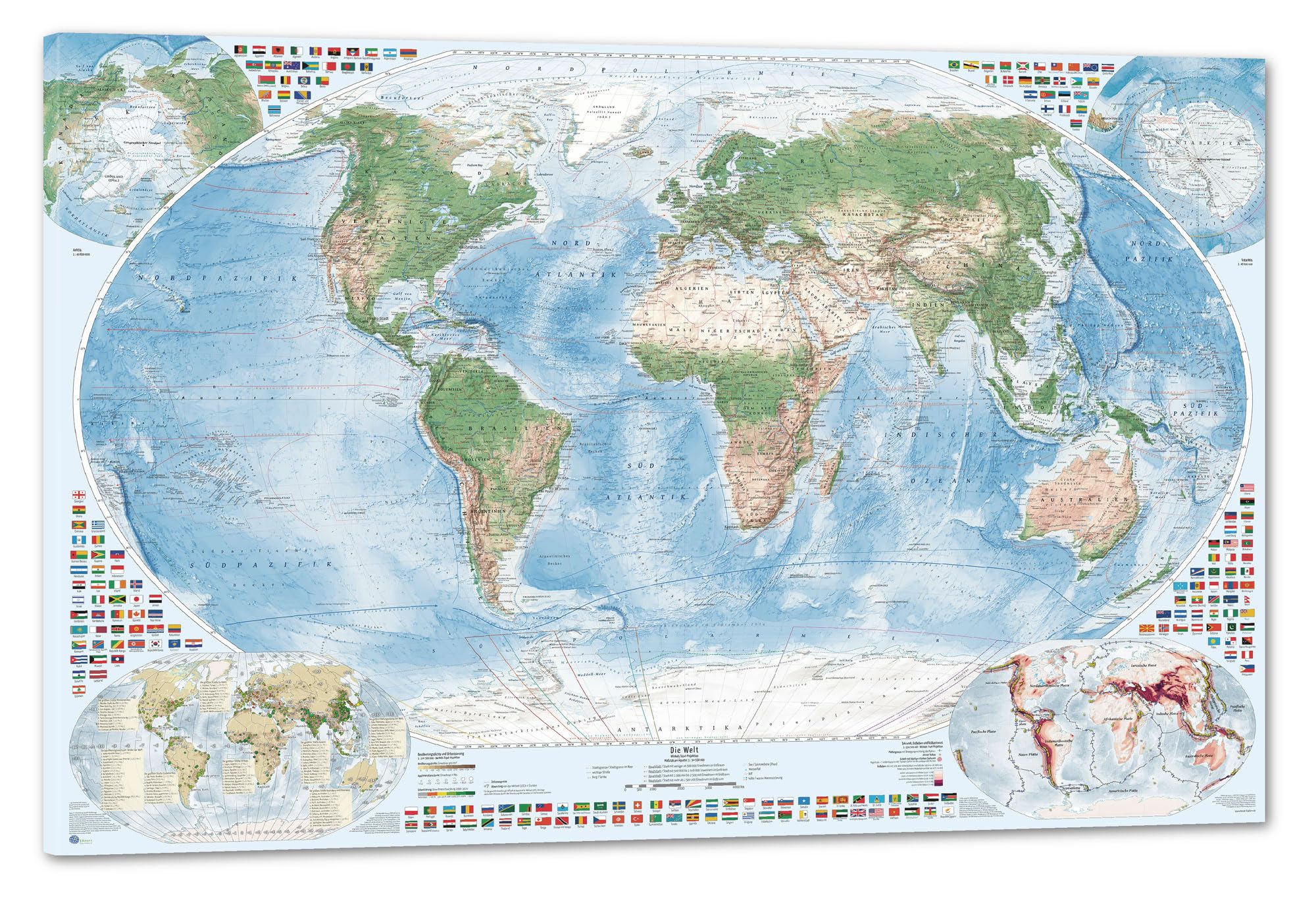 J.Bauer Karten Leinwand-Druck: Satellitenbild-Weltkarte mit 4 Nebenkarten, 120 x 80 cm, deutsch