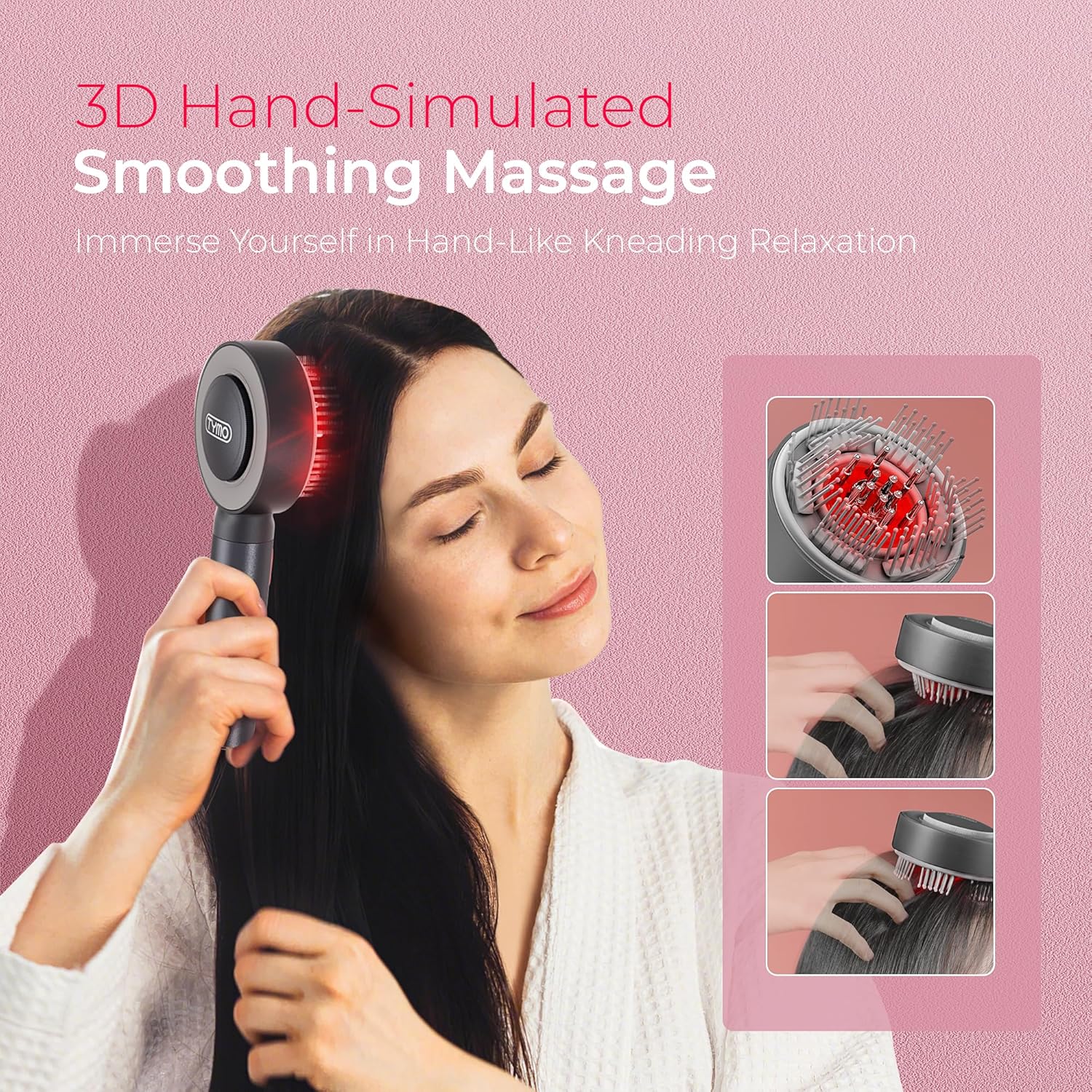 Woman using TYMO scalp massager for 3D hand-simulated massage