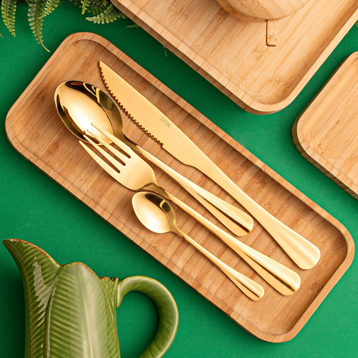 LYOR - Faqueiro de Aço Inox Positano Dourado 24 Peças - Jogos de Talheres - Mesa Posta - Utensílios de Cozinha, Enxoval, Casamento, Decoração