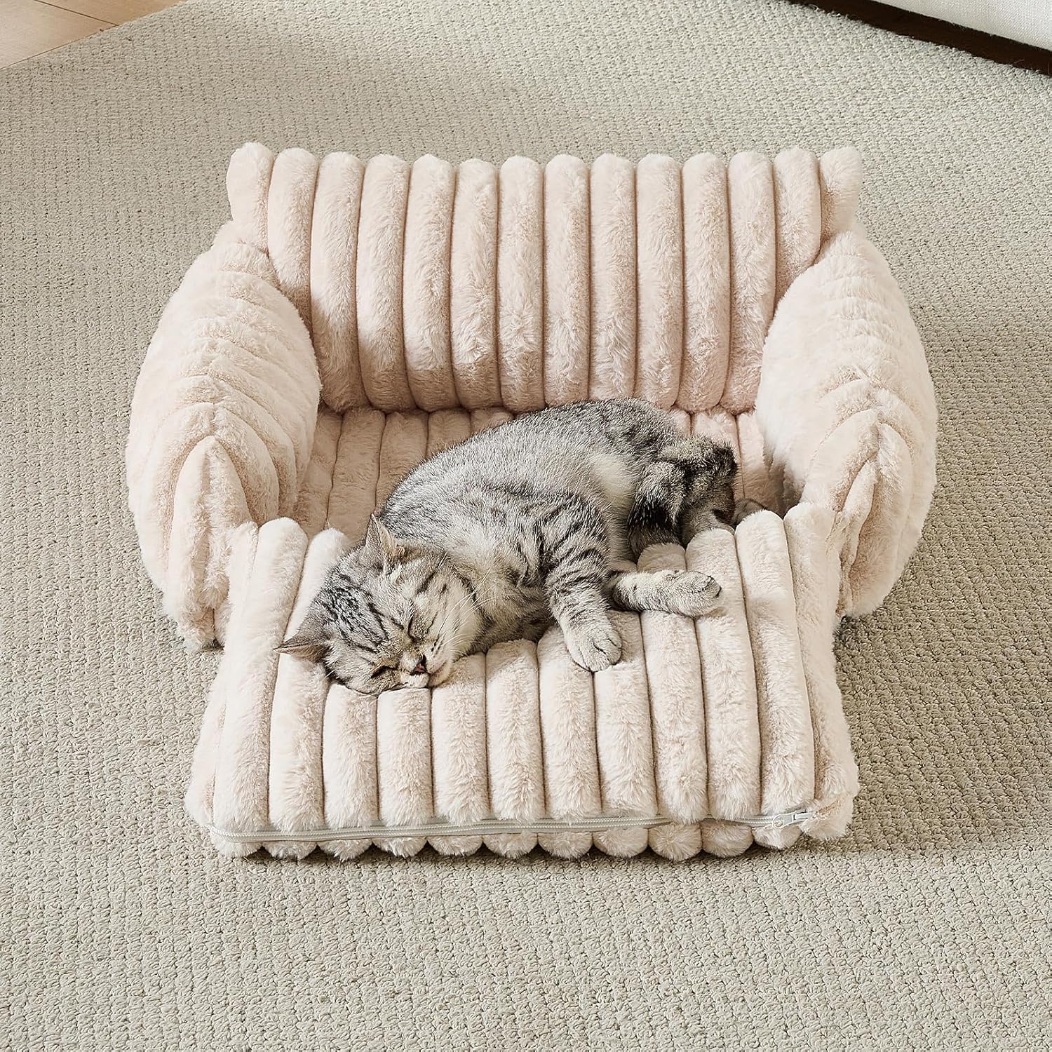 Hollypet Cat Bed Fluffy Plush Mutifuctional Double-Layer Soft Pet Couch Orthopedic Sofa Nest Beds for Small Cats and Dogs, Cream (21x15x8 inch)