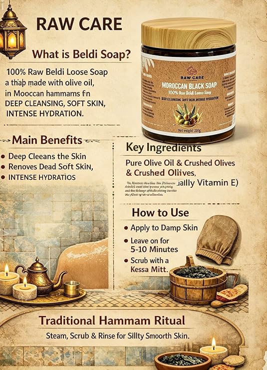 Moroccan Black Soap, 100% Raw Beldi Loose Soap, Pure Olive Oil Base, Deep Cleansing, Intense Hydration, 250g