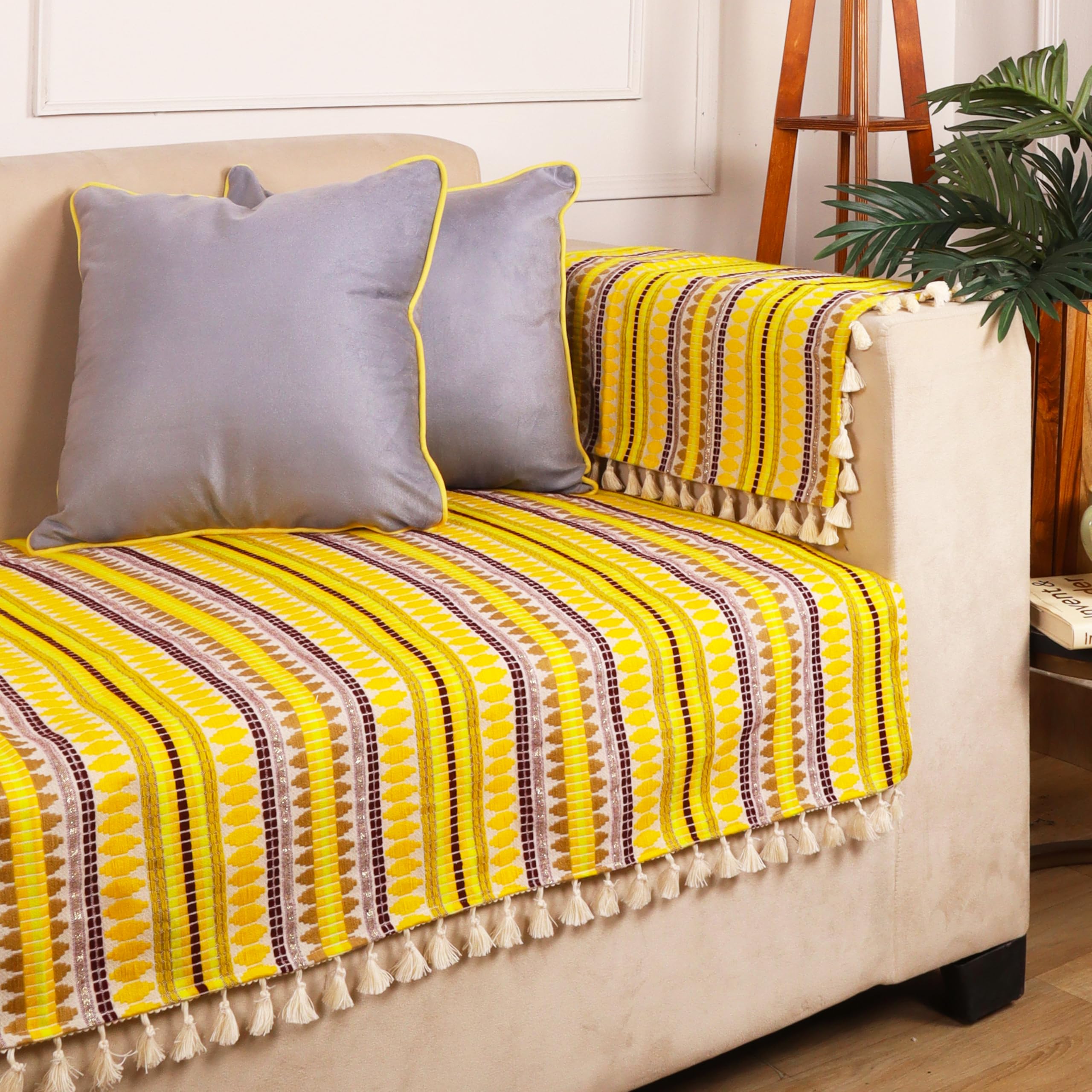 STITCHNEST Woven 2 Seater Sofa Protector with 2 Hand Rest Covers – Yellow & White Stripe Design – Washable Fabric with Tassels – Stylish Sofa Cover for Modern Living Room & Furniture Décor
