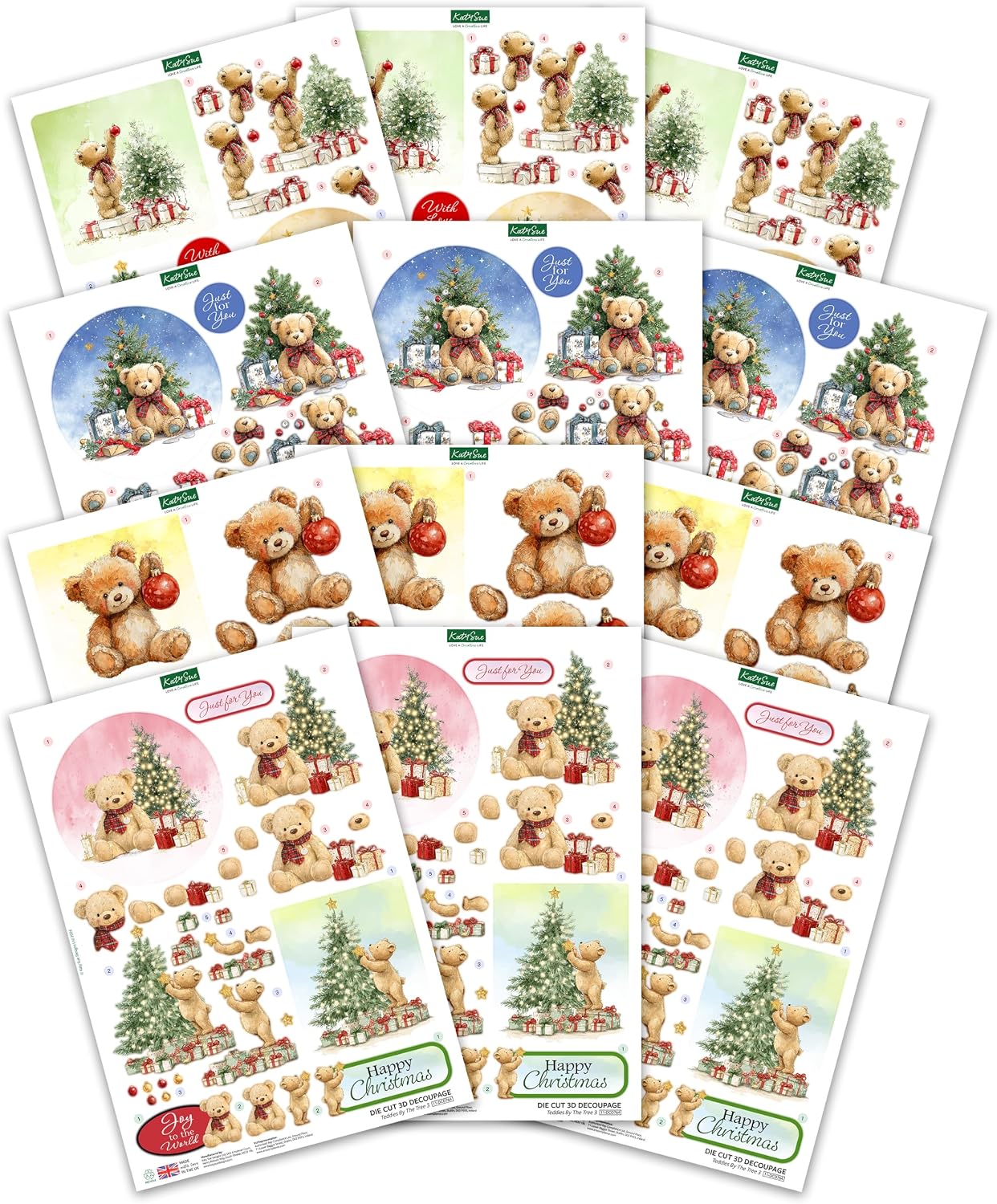 Katy Sue Designs Teddy Bear Christmas Die Cut Decoupage, 12 Sheets, Makes 24 Layered 3D Christmas Card Toppers for Cardmaking & Paper Crafts, Made in UK