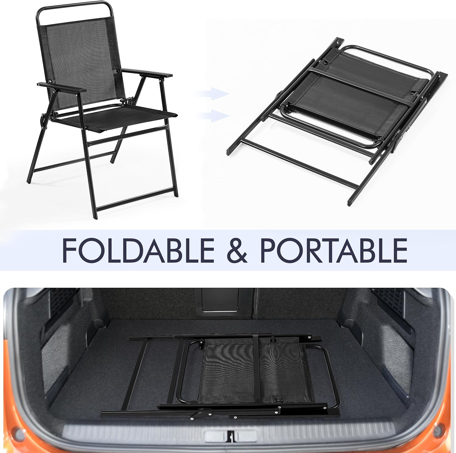 Yaheetech Outdoor Folding Patio Chairs Set of 4, Portable Outdoor Folding Chairs for Outside, Lawn, Garden and Porch with Metal Frame, Armrests, Stackable, Foldable and Portable Design, Black