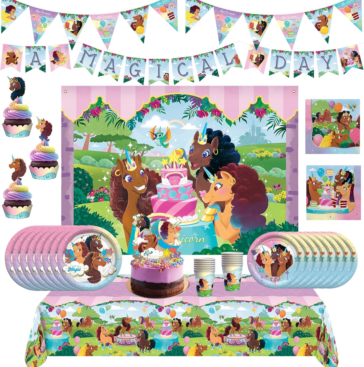 Treasures Gifted Officially Licensed Afro Unicorn Birthday Party Supplies - Serves 24 Guests - Ultimate Set Afro Unicorn Birthday Decorations for Girls - Dinnerware, Banners, Cake Toppers, & More