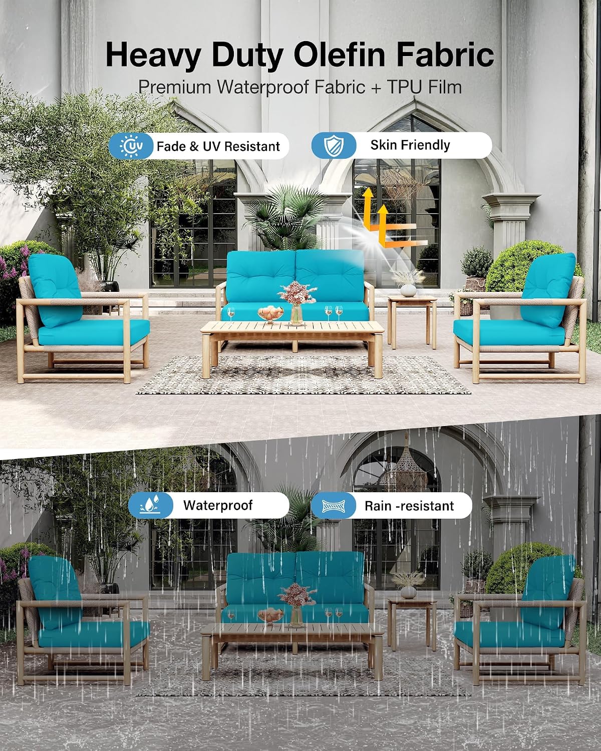 YEFU 24x24 Outdoor Cushions for Patio Furniture: Waterproof Fade Resistant Outdoor Seat Cushions Set of 2 - Olefin Deep Seat Paio Cushion Pads Replacement with Ties for Chair Sofa Couch(Blue)