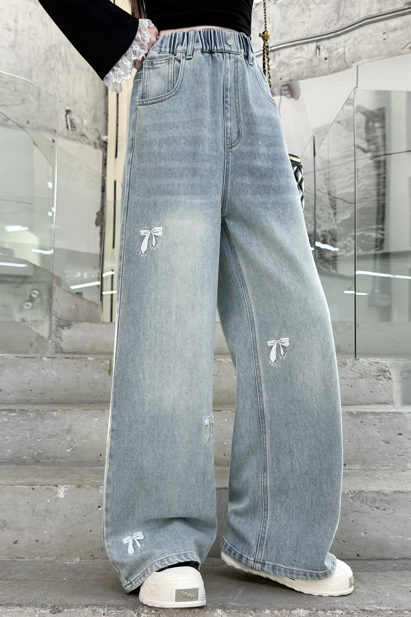 Rolanko Jean Baggy pour Filles, Taille Haute Élastique et Jambes Larges Pantalon en Denim de Bootcut Ample pour Enfants 6 à 15 Ans
