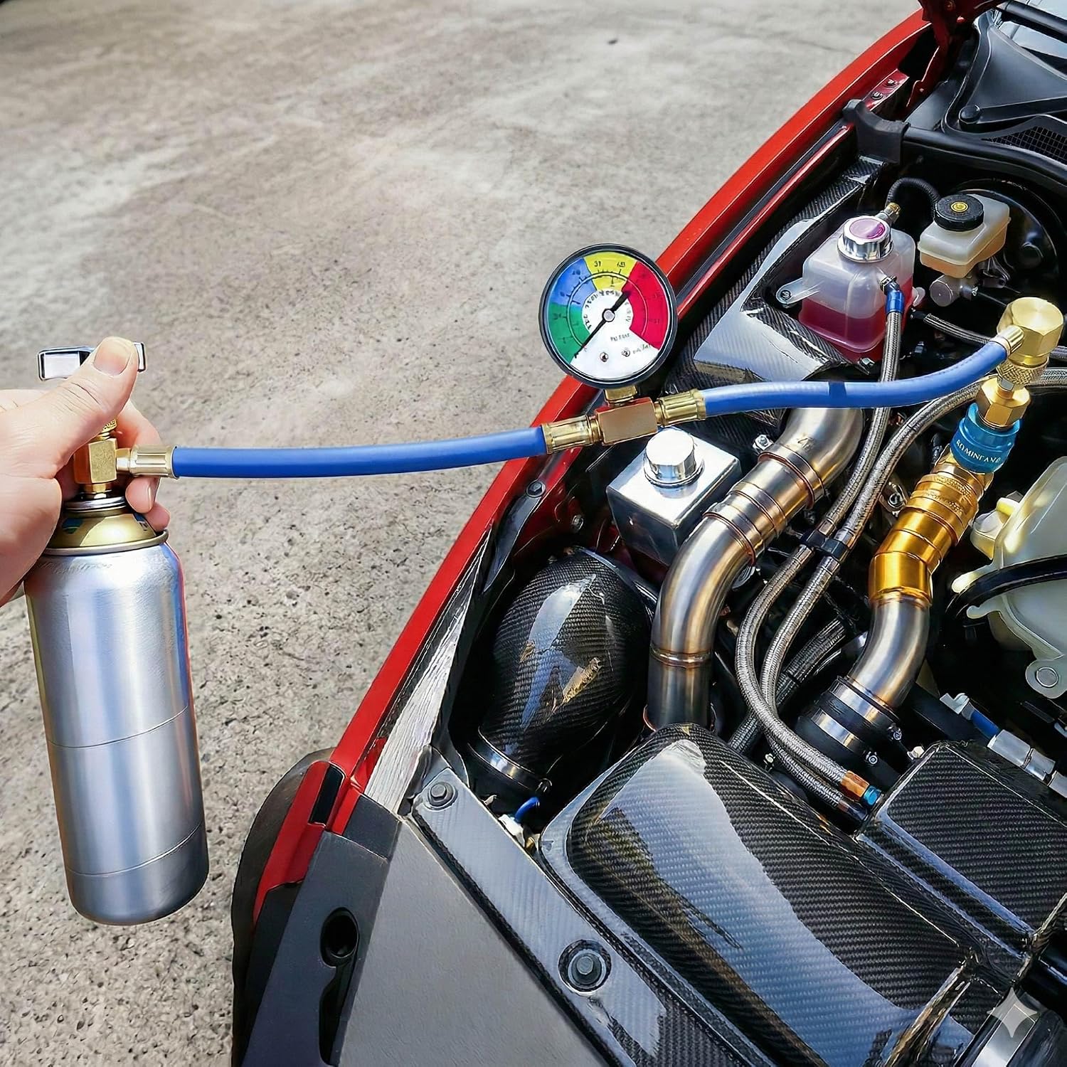 CALPOSE R134A AC Refrigerant Charge Hose Kit, Car AC Recharge Kit with 1/2” Puncture Style cans Can Tap and Pressure Gauge, Freon Recharge Kit for Air Conditioning Refrigerant