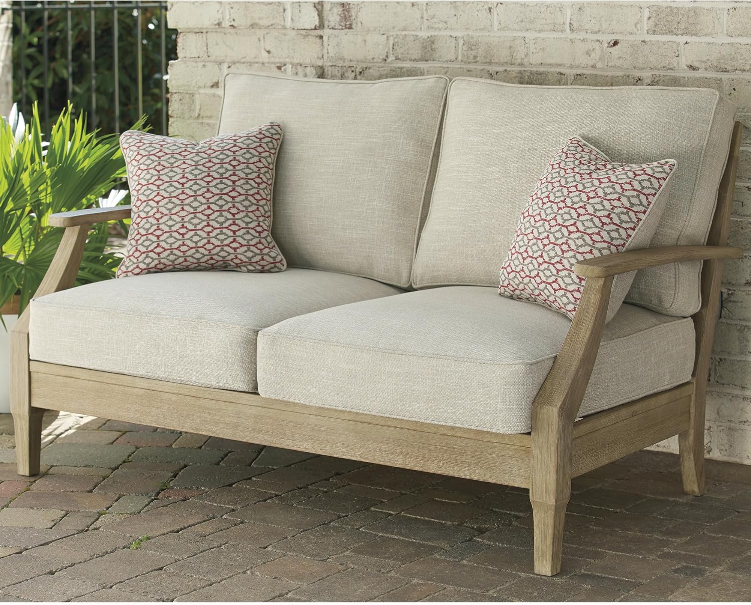 Ashley Clare View Coastal Outdoor Loveseat - Beige Eucalyptus Wood, Nuvella Cushions, Weatherproof Patio Sofa 55.5"W