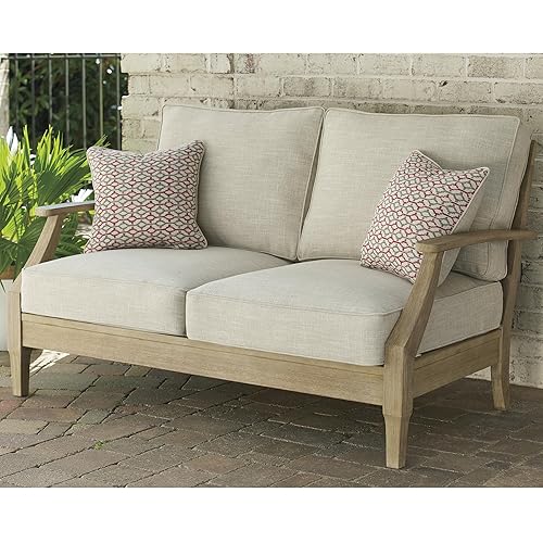 Signature Design by Ashley Clare View Coastal Outdoor Loveseat, Cushioned with Nuvella Fabric, Protective Finish, Eucalyptus Wood, 55.5" W x 35" D x 32" H, Beige