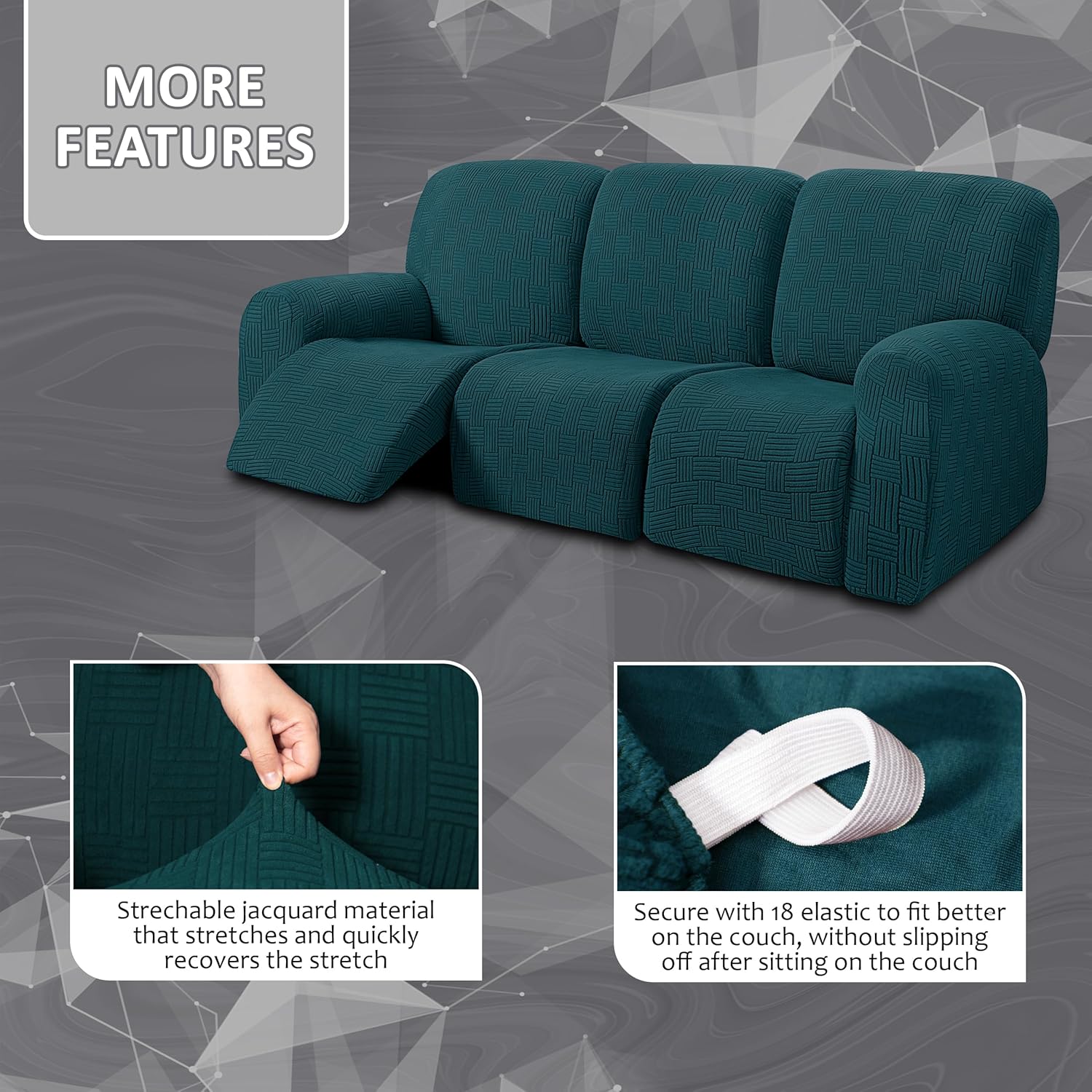 ULTICOR Jacquard 8-Pieces Recliner Sofa Covers Stretch Reclining Couch Covers for 3 Cushion Reclining Sofa Slipcovers Thick Soft Washable (Style 4) (Deep Teal)