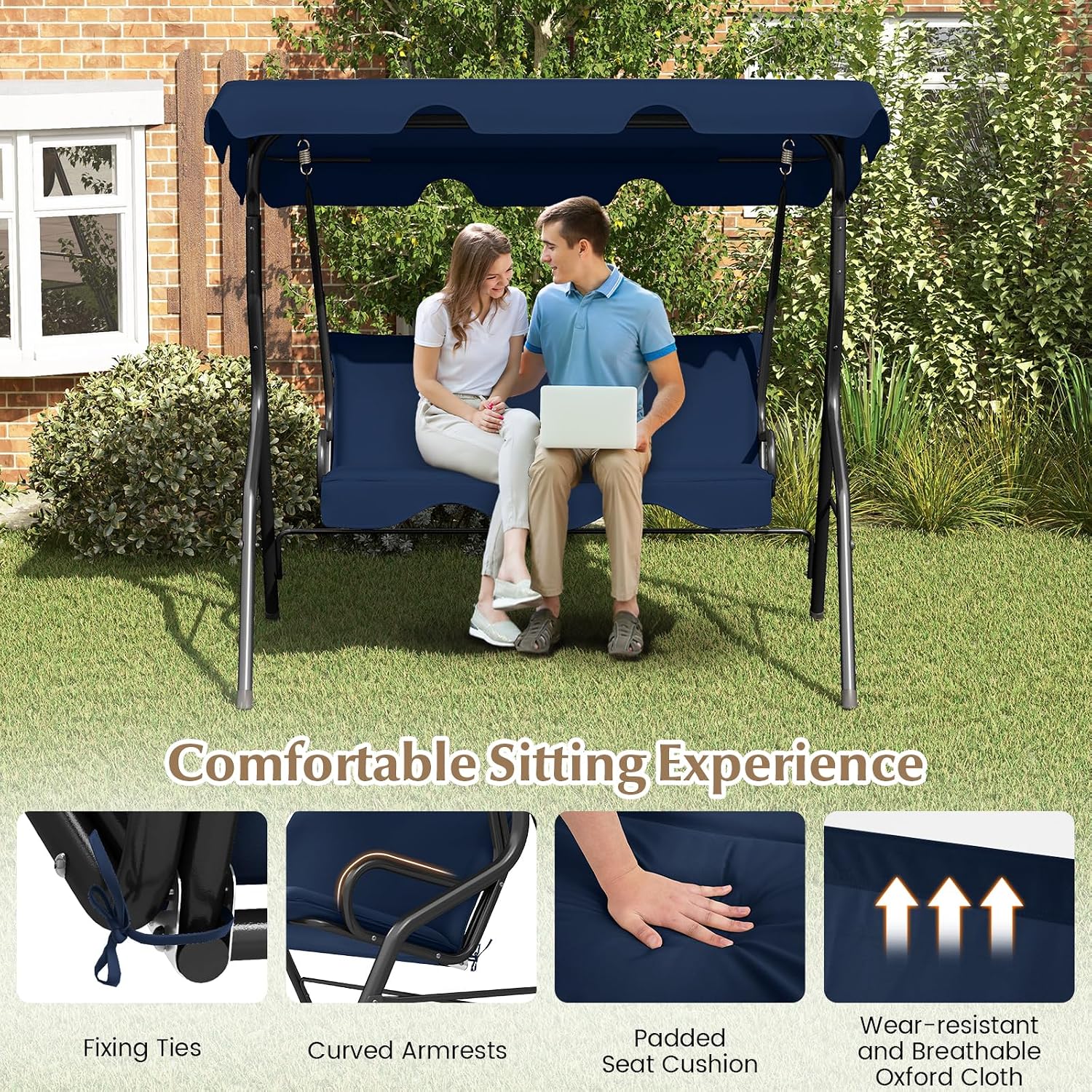 Close-up of the comfortable seating experience with fixing ties, curved armrests, padded seat cushion, and wear-resistant fabric