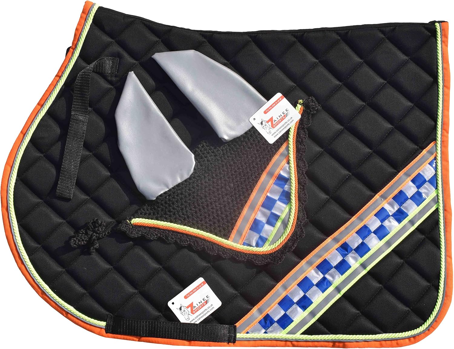 Hi-Viz Safety Reflective Saddle Pad Set + Matching Ear Bonnet – High Visibility Equestrian Gear for Horse Riding | Dressage or Jumping/Hunter