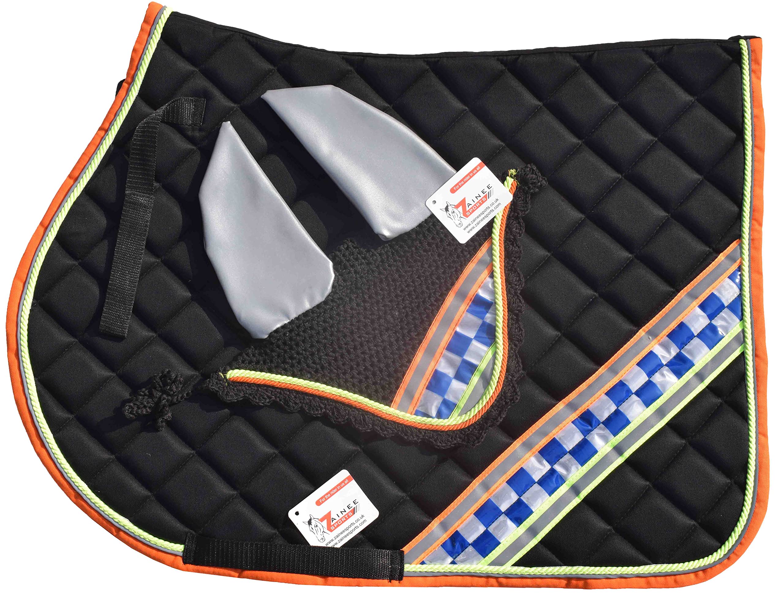ZAINEE SPORTS Hi-Viz Safety Reflective Saddle Pad Set + Matching Ear Bonnet – High Visibility Equestrian Gear for Horse Riding | Dressage or Jumping/Hunter (Black, Cob)