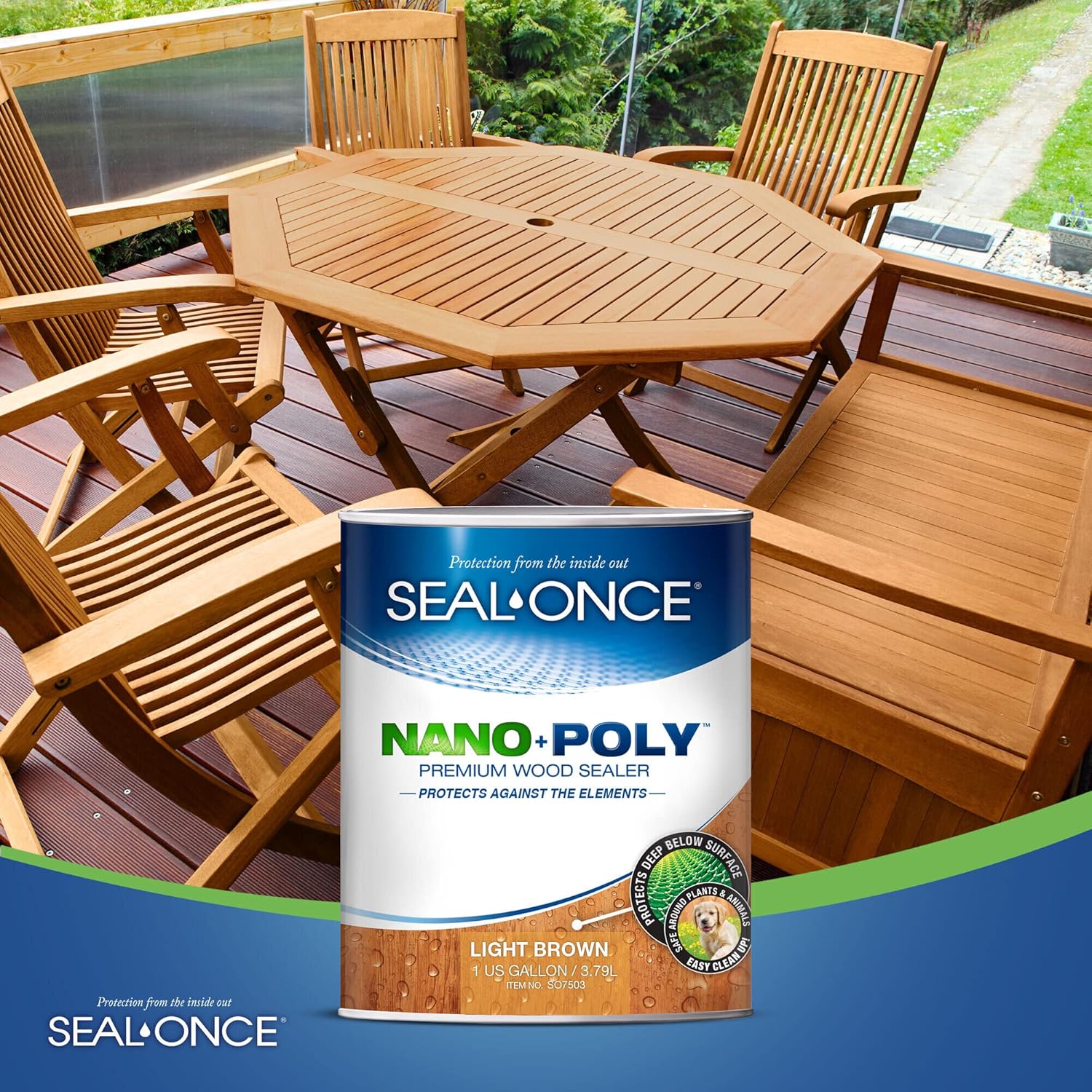 Seal-Once Nano+Poly Penetrating Wood Sealer with Polyurethane - Premium Waterproof Sealant -1 Gallon & Light Brown